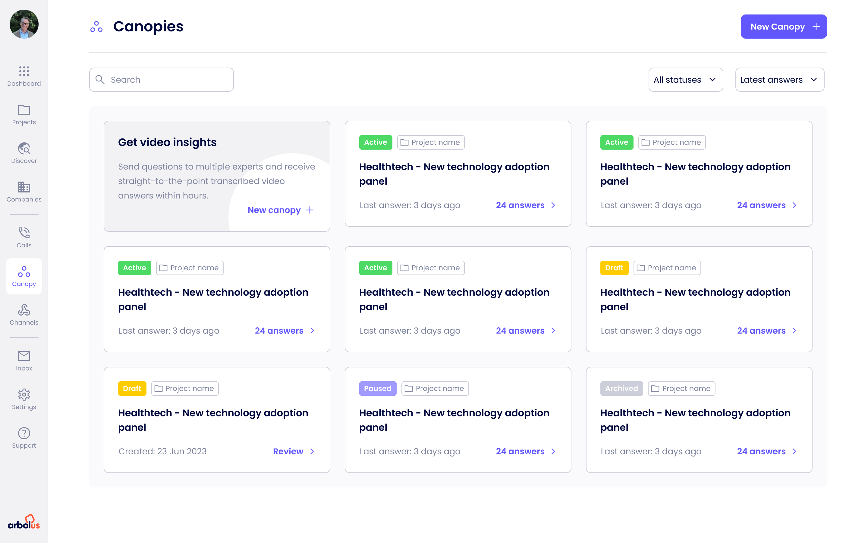 Canopy responses. Async video Q&A with question rail, response thumbnails, status pills and synthesis panel.