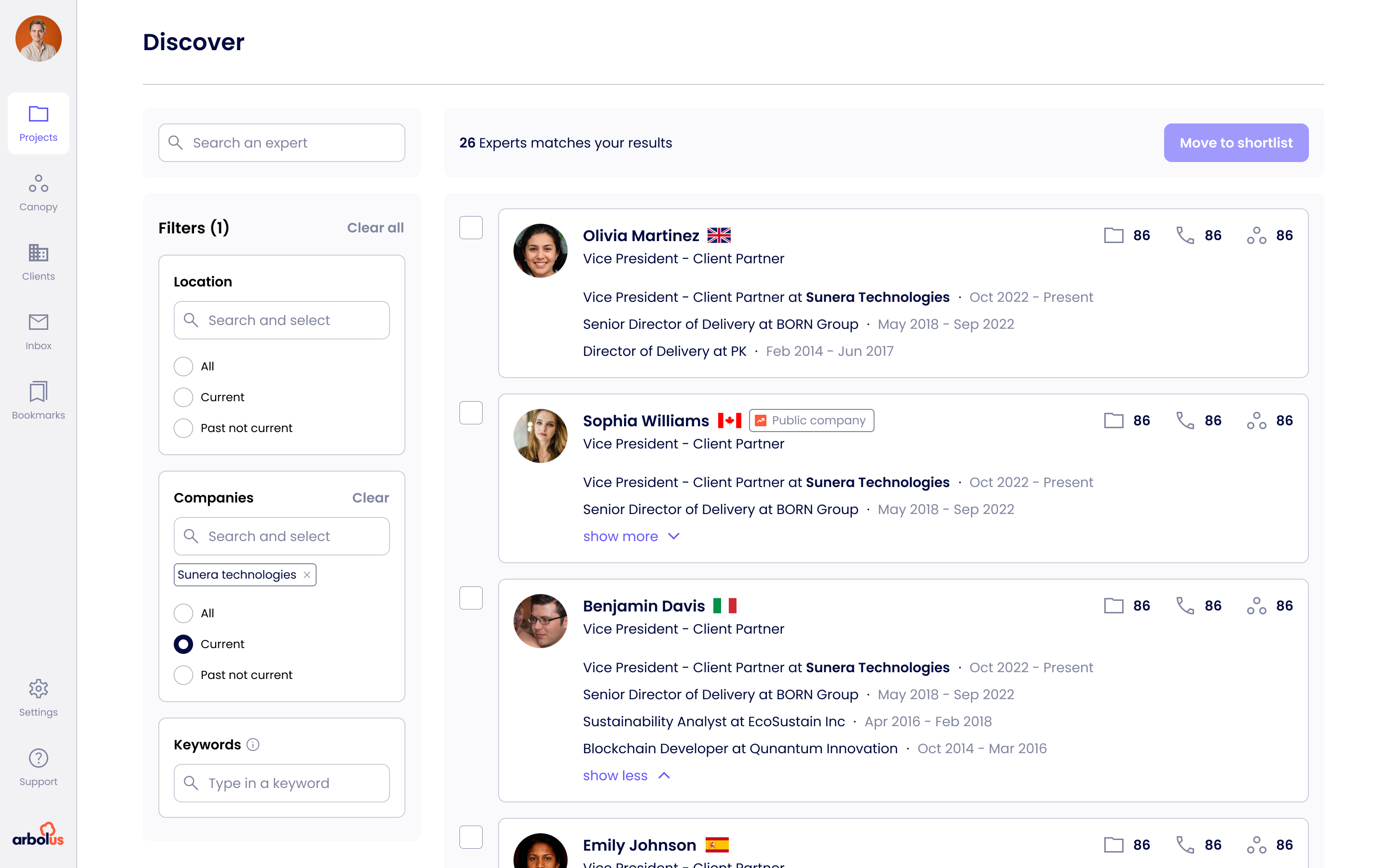 Discover experts. Faceted search with match-rationale tags, expert cards lead with relevance to the active thesis.