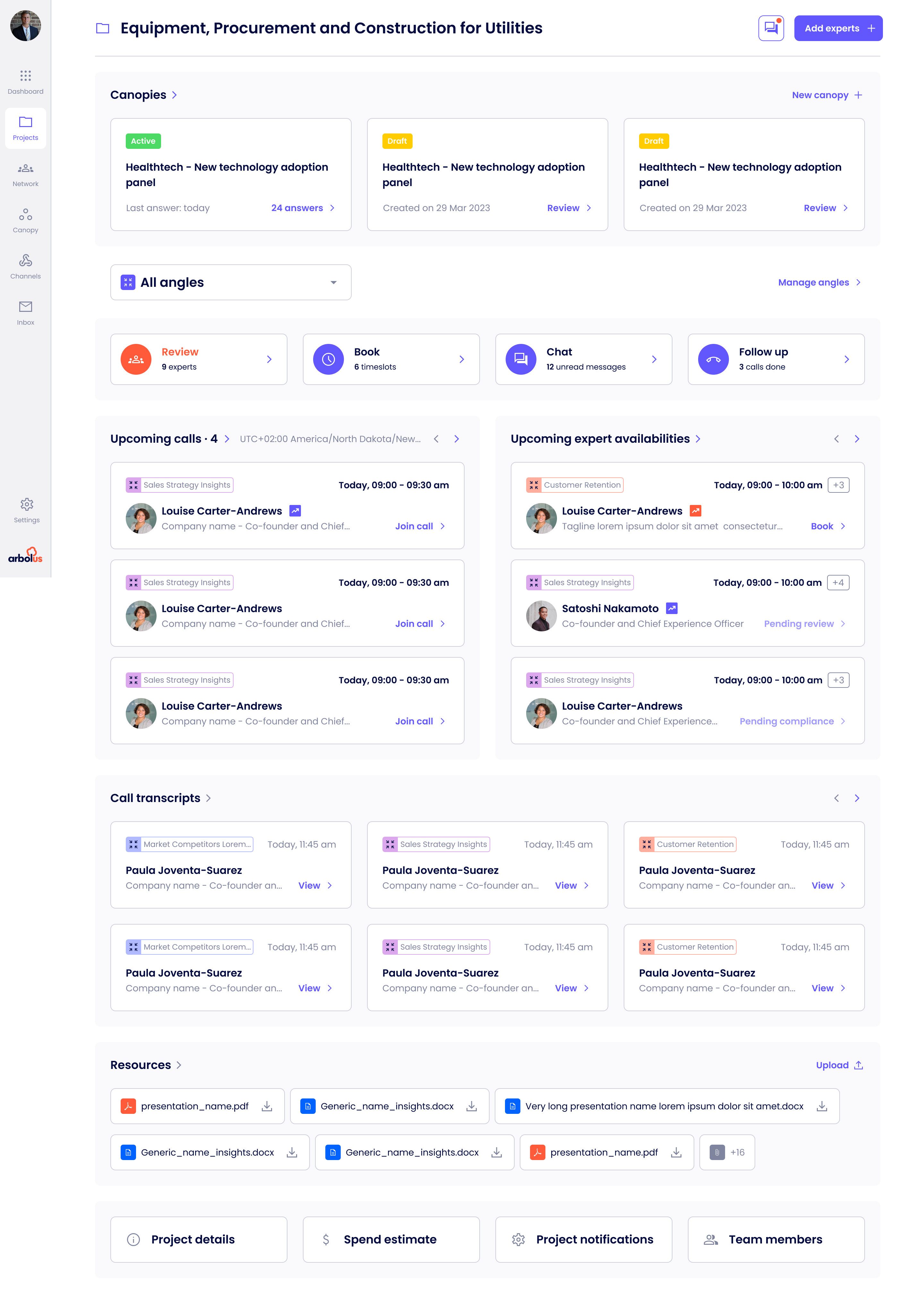 The redesigned project dashboard. Project header summarises status and the one decision that is overdue; insight cards carry inline attribution, recency and match rationale.