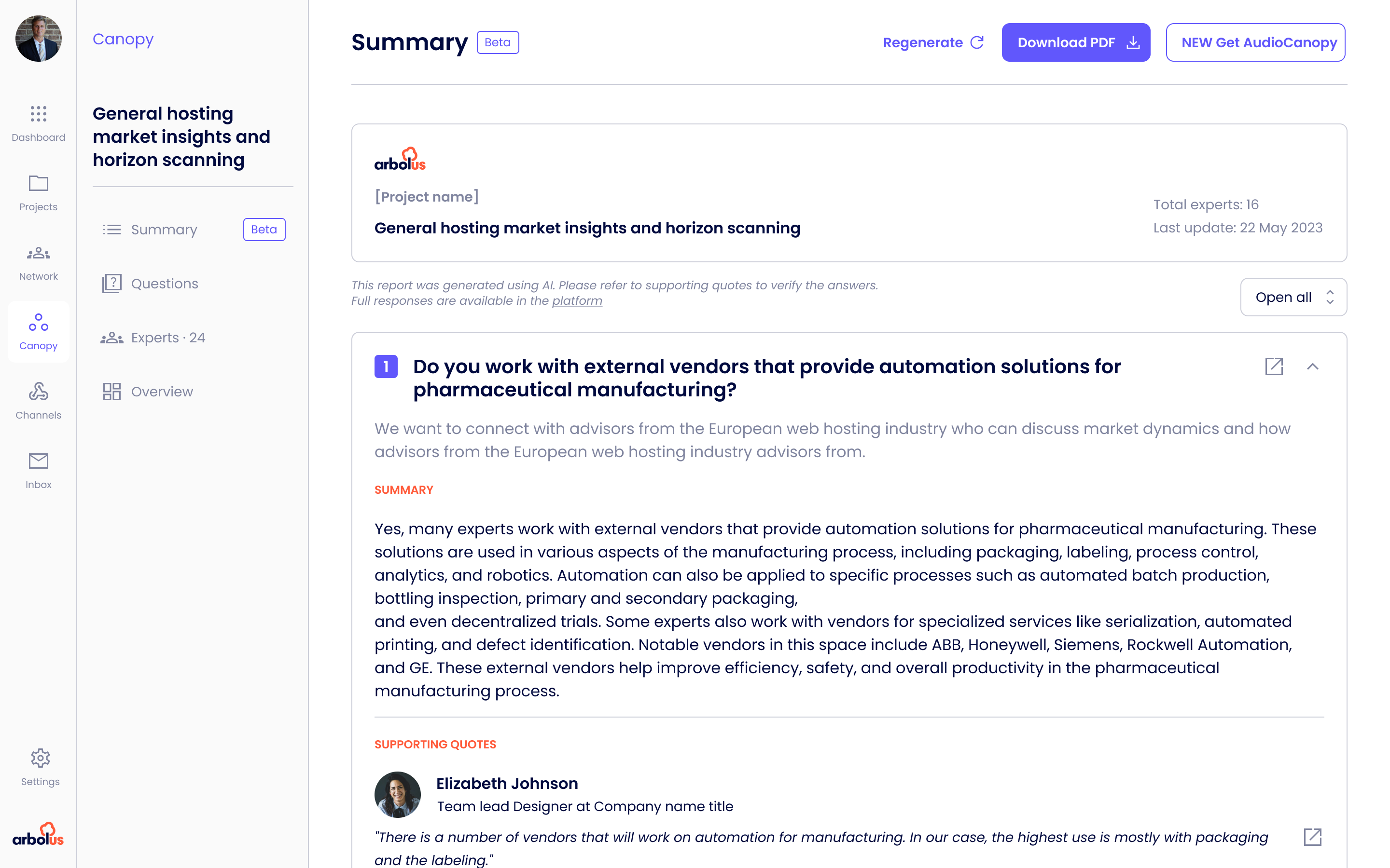 AI summary audiobook view. Synthesised report with every claim linked to its source video and quote, audio playback for hands-free review.