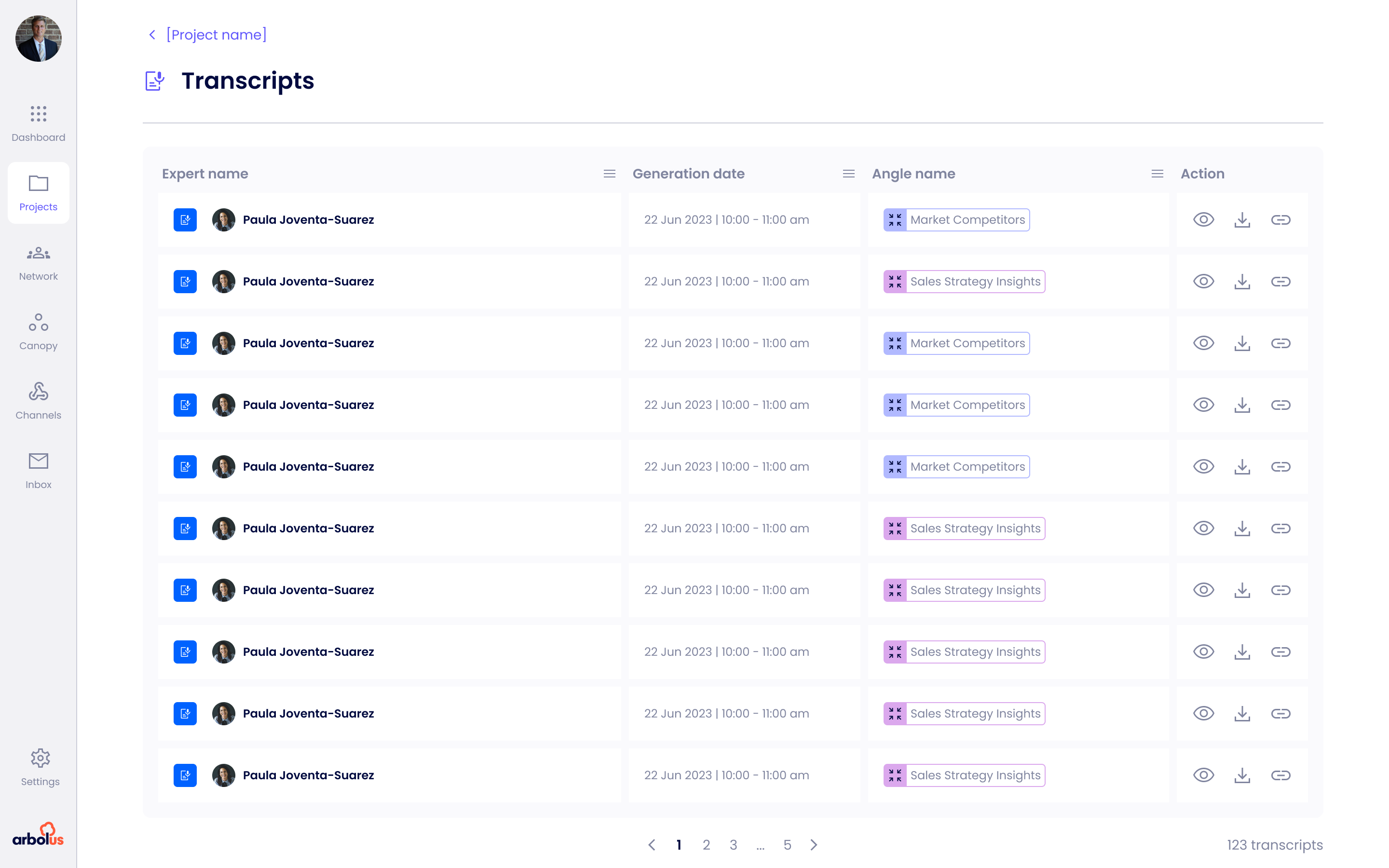 Transcript view. Speaker-attributed transcript synced to video, AI highlights, in-line quote pinning.