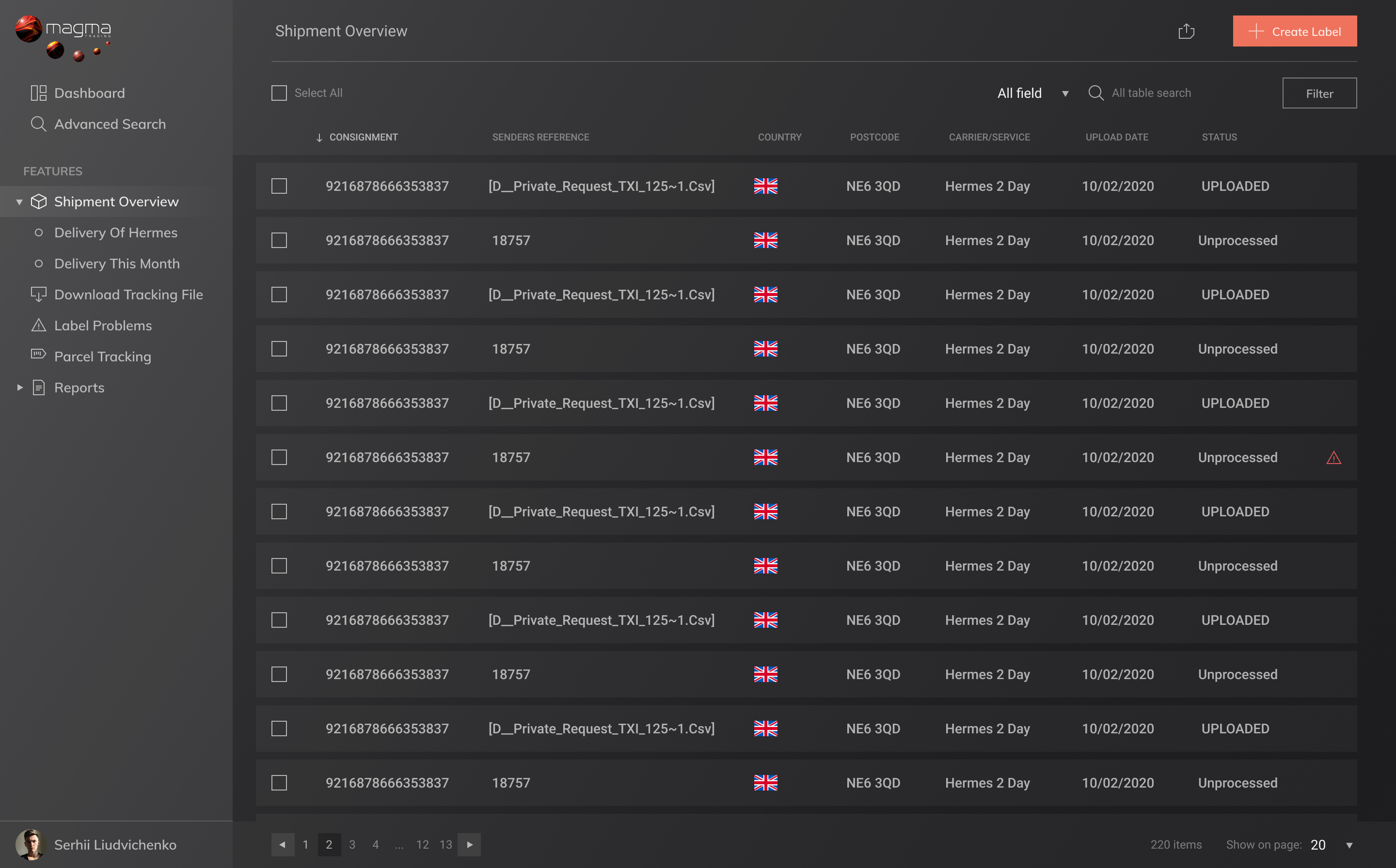 Magma shipment overview table with consignment, sender reference, country, postcode, carrier, upload date and status columns